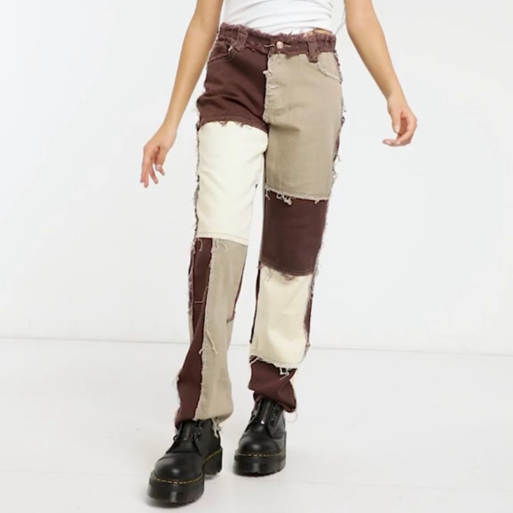 Pastel Brown Patchwork Denim Patch Flare Jean Str… - image 2